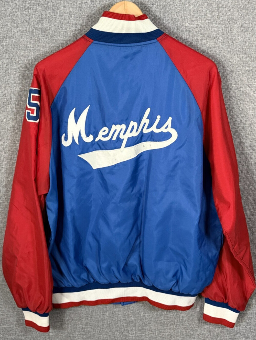 Vintage Memphis Nylon Varsity Jacket L Red Blue #5 Stitched Lettering Bomber